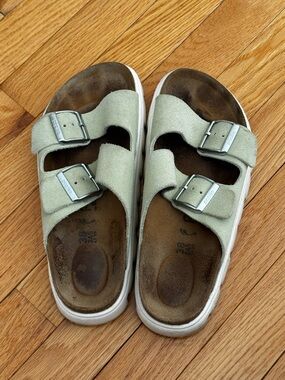 Birkenstock Two-Buckle Suede Sandals in Light Green